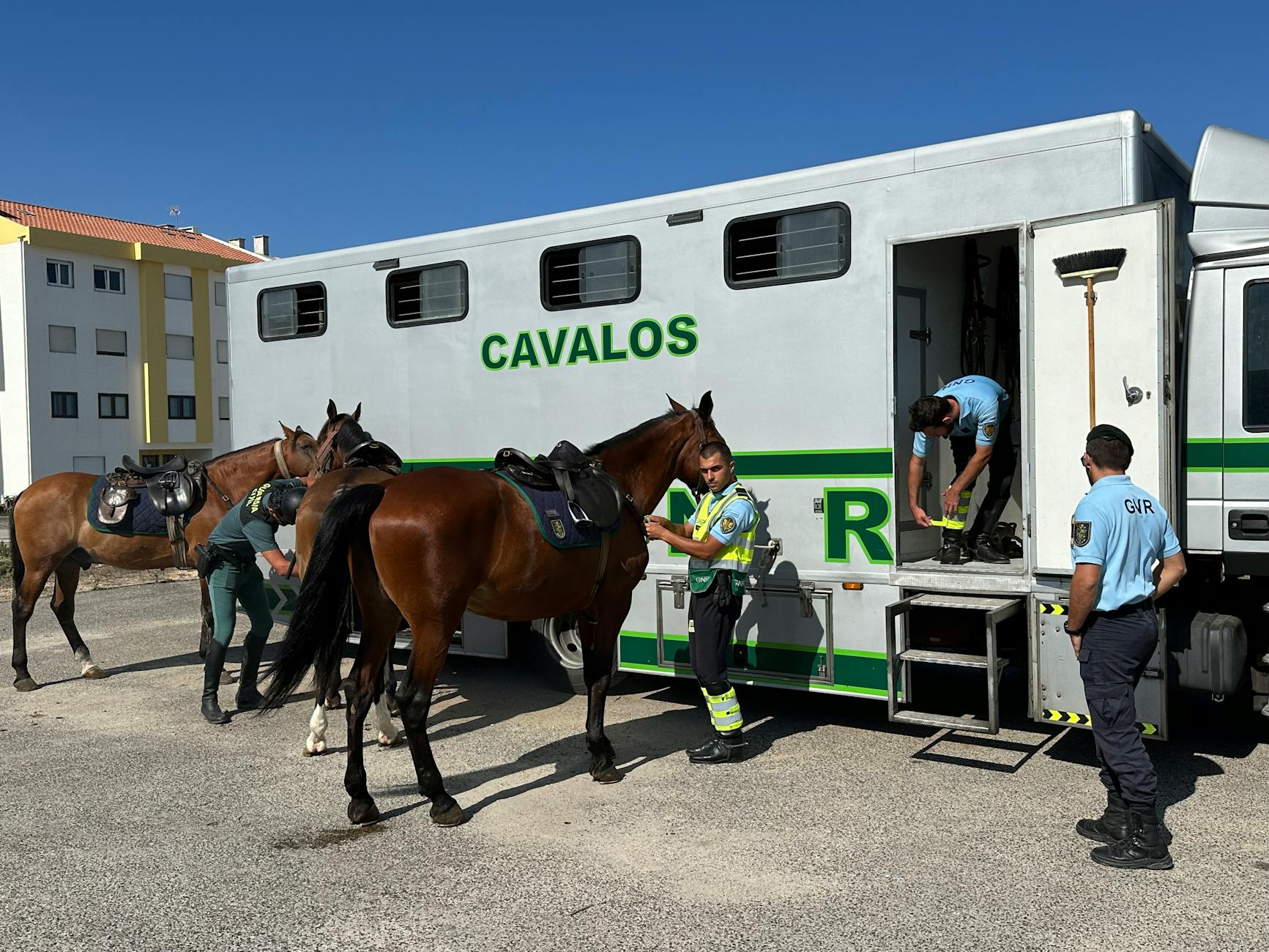 Policjanci siodłają konie przed wydarzeniem plenerowym
